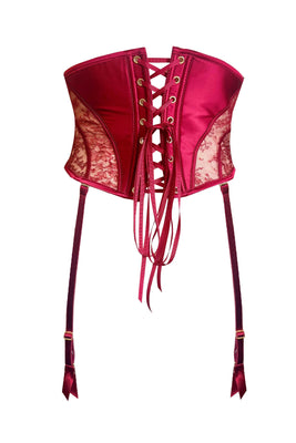 Luxury Rosalia Bordeaux red underbust boned corset in exquisite French Leavers lace by Tatu Couture.