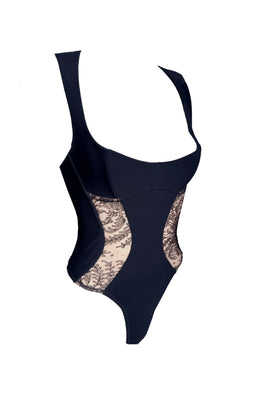 Cindy luxury black lace corset bodysuit with sculptural panels by Tatu Couture