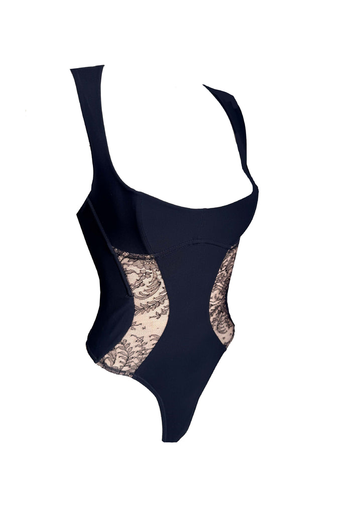 Cindy luxury black lace corset bodysuit with sculptural panels by Tatu Couture