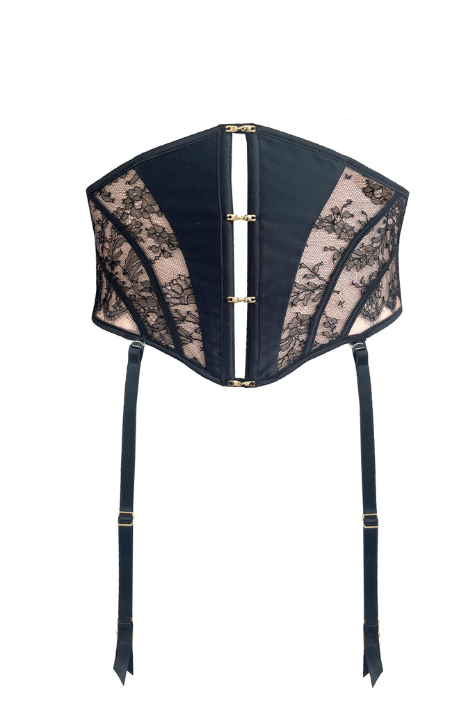Rosalia Luxury waist corset in black lace and satin with detachable suspenders