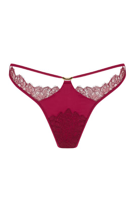 Red sheer lace thong with stretch satin. Part of the Rosalia designer luxury lingerie collection