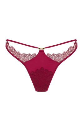 Red sheer lace thong with stretch satin. Part of the Rosalia designer luxury lingerie collection