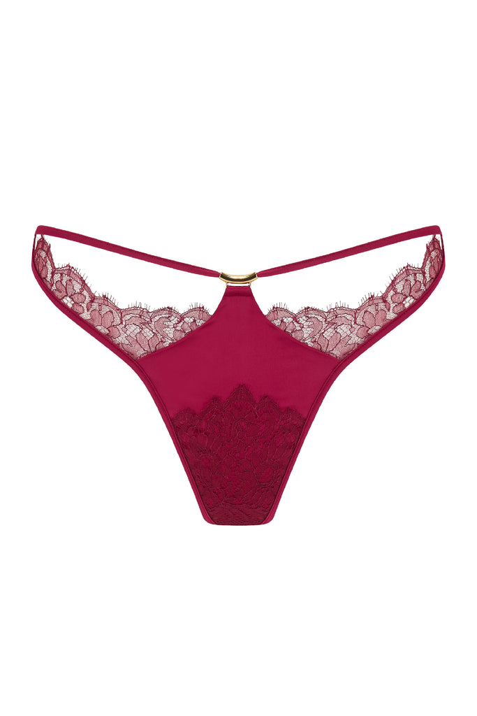 Red sheer lace thong with stretch satin. Part of the Rosalia designer luxury lingerie collection