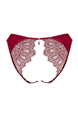 Red lace ouvert back brief with luxury lace panels and crotchless gusset