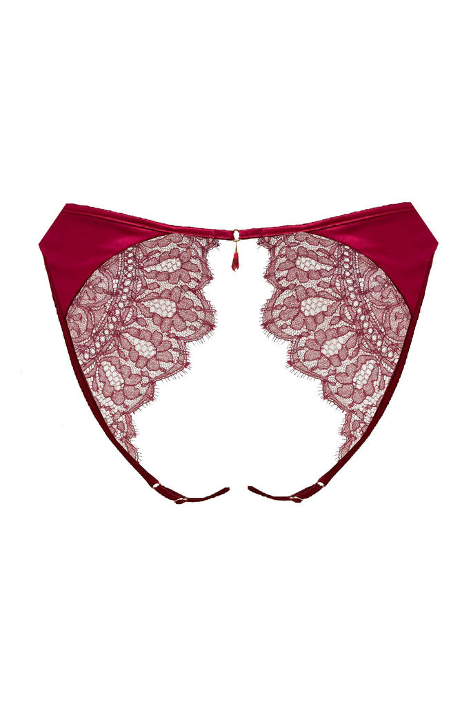 Red lace ouvert back brief with luxury lace panels and crotchless gusset