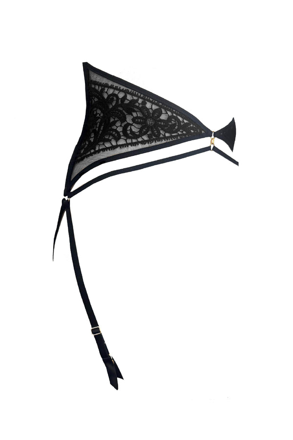 British-made luxury lingerie suspender belt with guipure embroidery and gold details