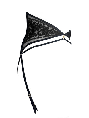 British-made luxury lingerie suspender belt with guipure embroidery and gold details