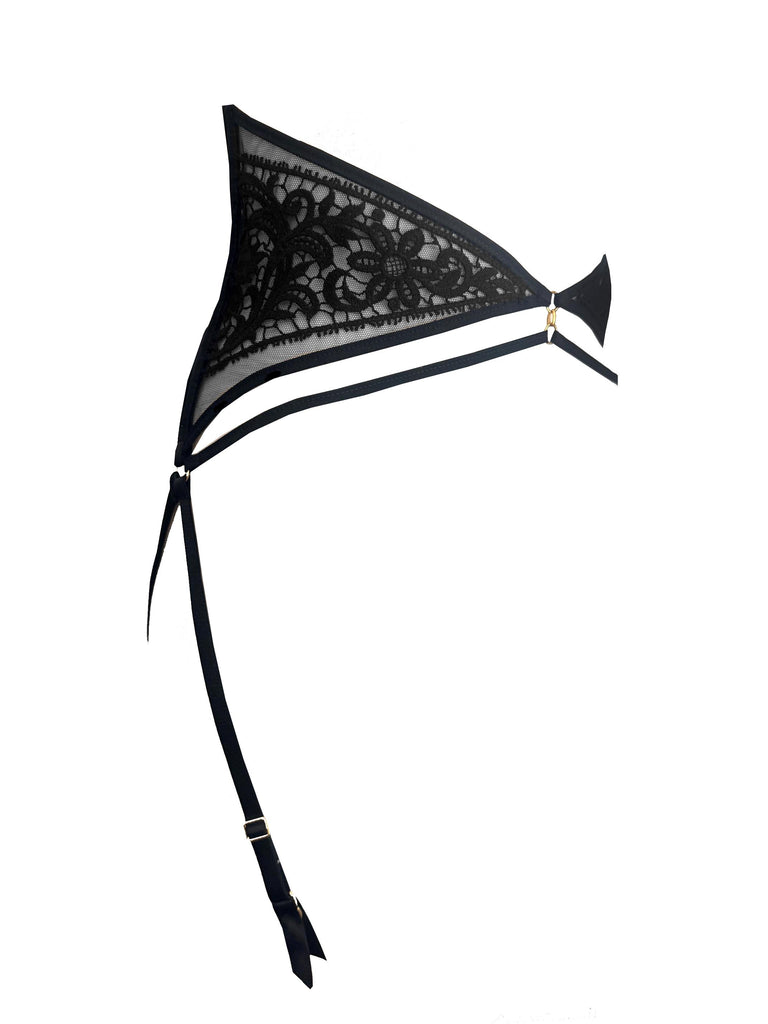 British-made luxury lingerie suspender belt with guipure embroidery and gold details