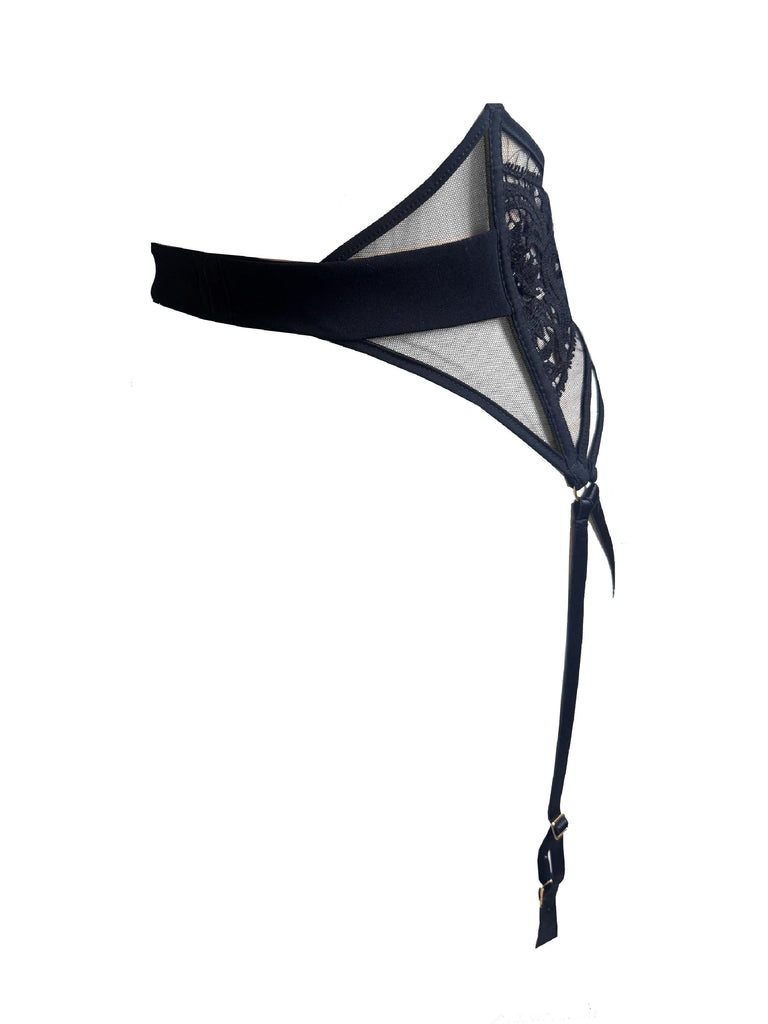 Serafina embroidered suspender belt featuring sculpting side bone and 24K gold details