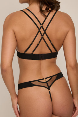 Luxury Serafina thong with delicate embroidered guipure details, sleek matte finish, and gold hardware – modern and seductive lingerie piece