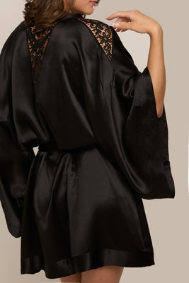 Designer black silk kimono with artisanal embroidery accents