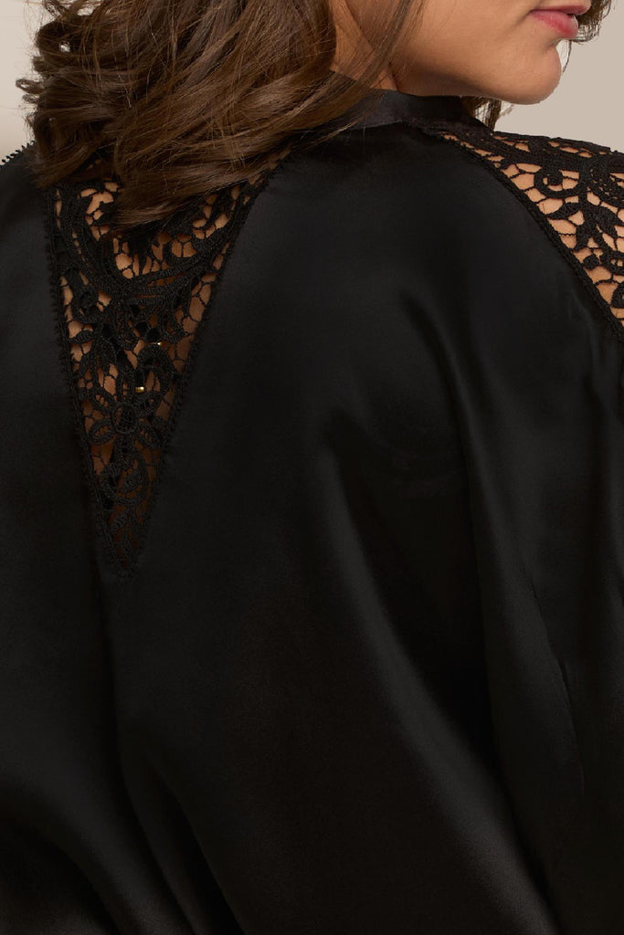 High-end black silk lingerie robe adorned with intricate embroidered accents