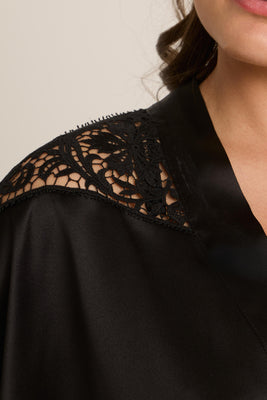 Elegant black silk kimono enriched with alluring, couture embroidery