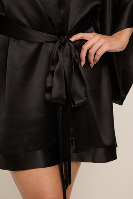 Sophisticated black silk kimono with sultry, couture-level embroidery work