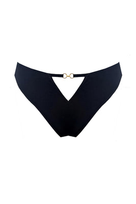 Black luxury Serafina Tanga Brief viewed from the back, featuring a high-cut thong silhouette, guipure lace embroidery and 24K gold ring detailing.