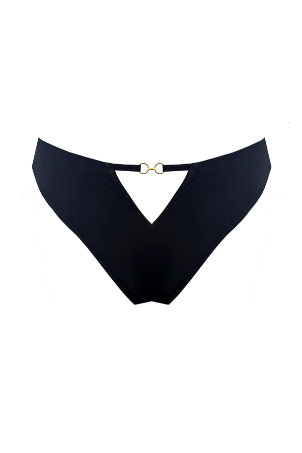 Black luxury Serafina Tanga Brief viewed from the back, featuring a high-cut thong silhouette, guipure lace embroidery and 24K gold ring detailing.