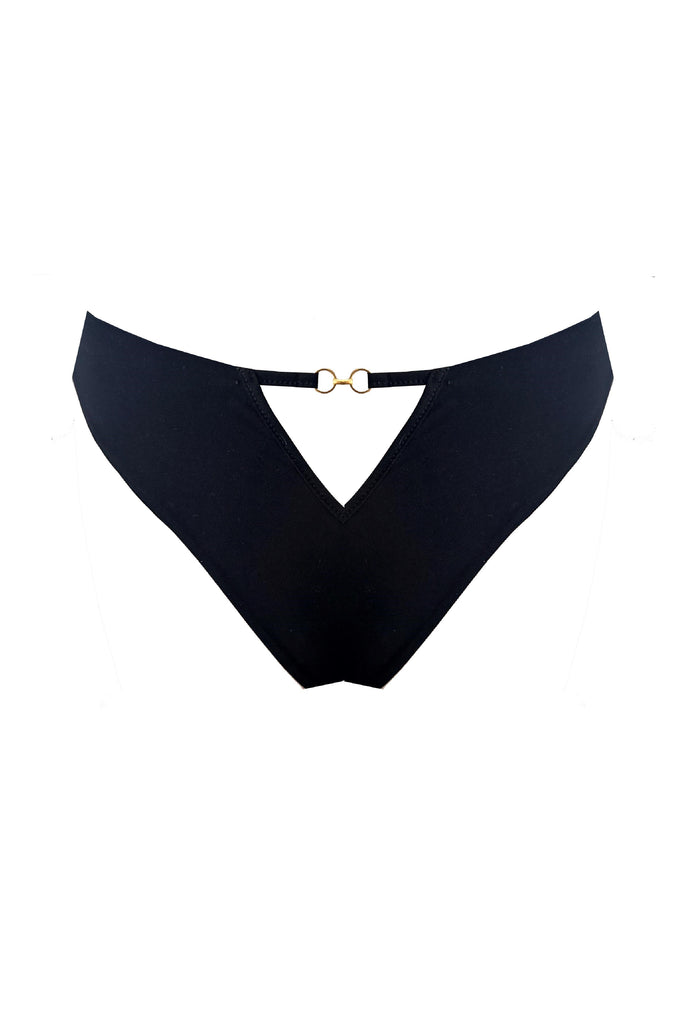 Black luxury Serafina Tanga Brief viewed from the back, featuring a high-cut thong silhouette, guipure lace embroidery and 24K gold ring detailing.