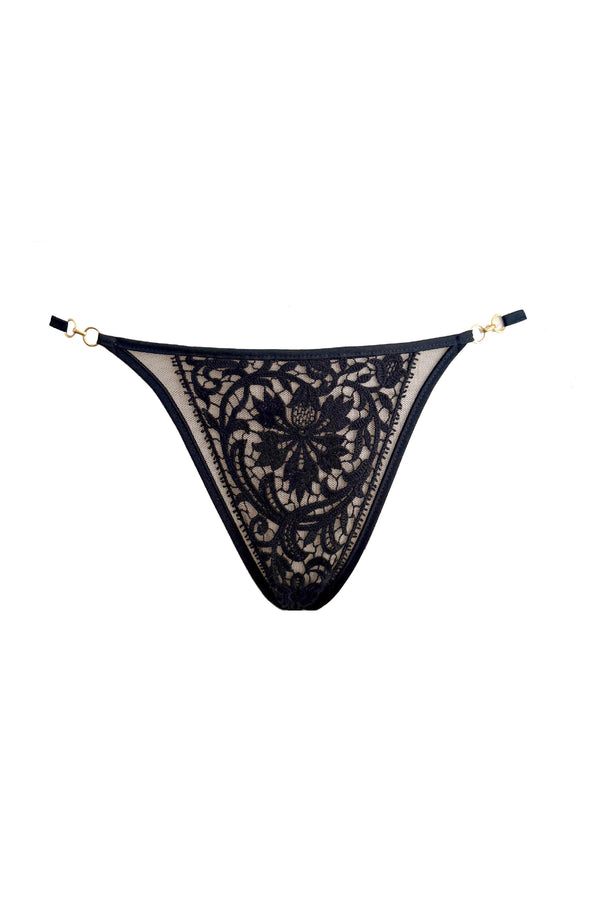 Serafina luxury black thong with guipure embroidery and 24K gold ring detailing