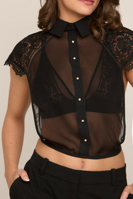 Elegant Serafina Top featuring guipure embroidery, sheer silk chiffon, and luxury pearl accents