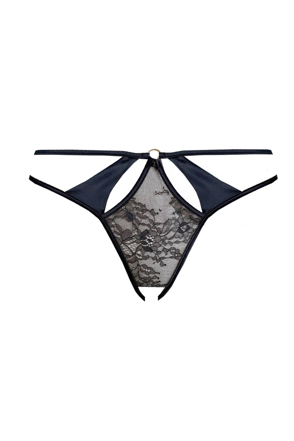 Sheer ouvert brief with black sheer lace panels and crotchless gusset