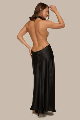 Luxury black open-bust silk lingerie slip dress with removable leather choker for high-fashion styling