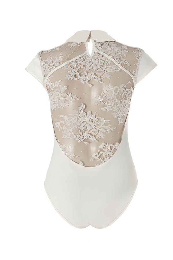 Fashion-forward luxury bodysuit with structured collar and intricate lace detailing.