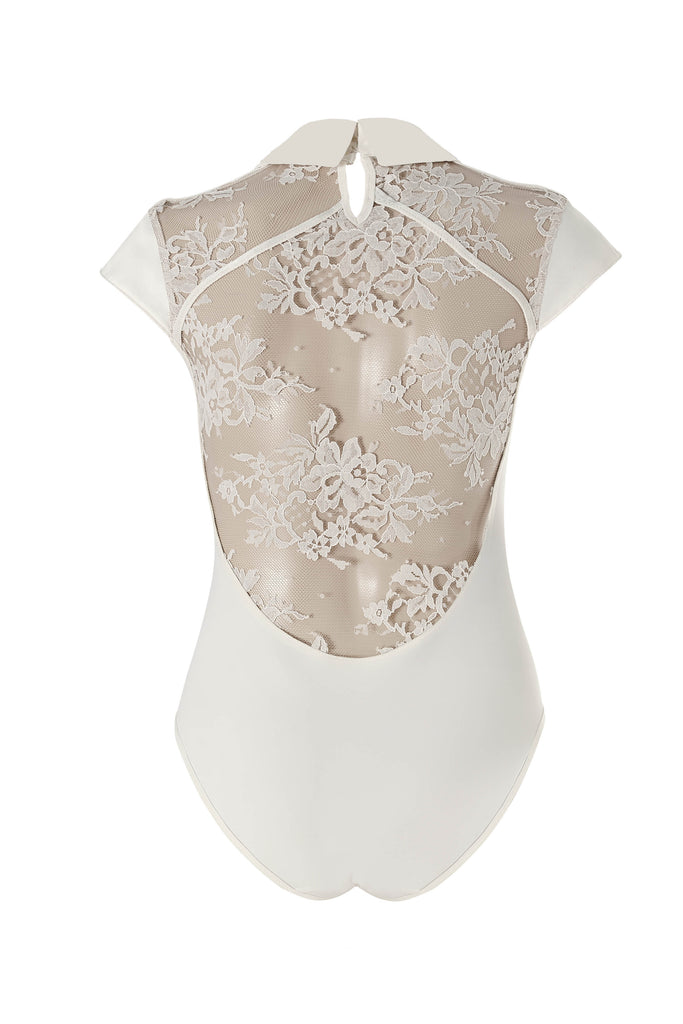 Fashion-forward luxury bodysuit with structured collar and intricate lace detailing.
