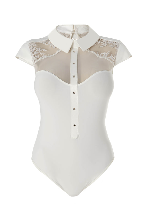 Luxury figure-flattering bodysuit with structured collar and elegant tailoring details in ivory lace.