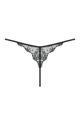Sheer lace thong in black French leavers lace. Luxury high end lingerie by Tatu Couture 