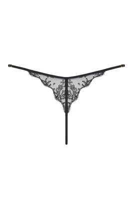 Sheer lace thong in black French leavers lace. Luxury high end lingerie by Tatu Couture 