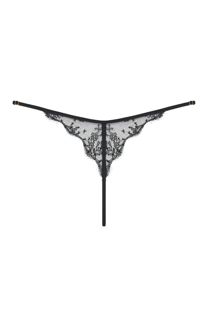 Sheer lace thong in black French leavers lace. Luxury high end lingerie by Tatu Couture 