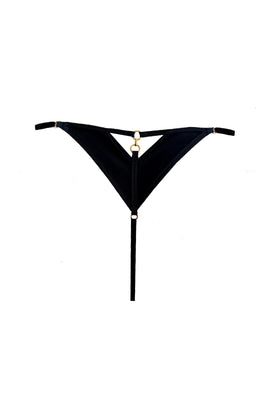 Tatu Couture Serafina luxury black thong with guipure embroidery and 24K gold ring detailing