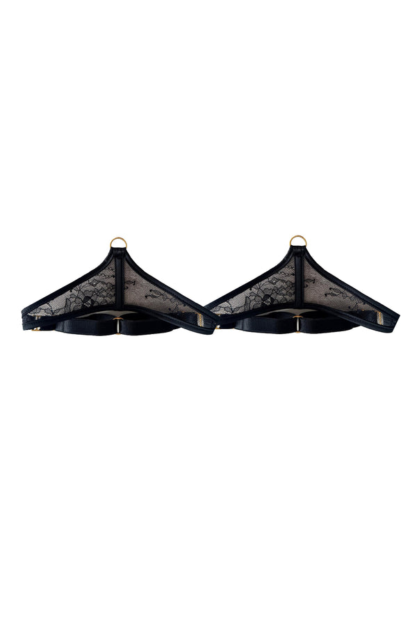 Exquisite black lace leg garters finished with smooth satin binding, thoughtfully crafted to coordinate seamlessly with the Sylvia range’s high-end lingerie aesthetic.