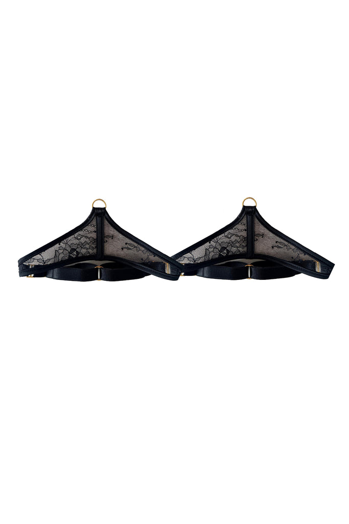 Exquisite black lace leg garters finished with smooth satin binding, thoughtfully crafted to coordinate seamlessly with the Sylvia range’s high-end lingerie aesthetic.