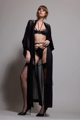 Ayako luxury black silk kimono worn with the Rosalia collection