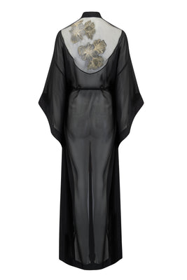 Ayako black kimono robe with sheer tulle back and gold metallic flowers