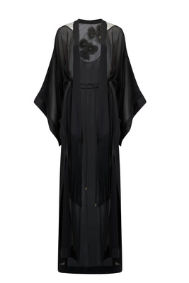 Ayako black silk kimono robe with fringe tie detail