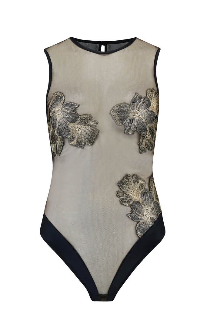 Ayako sheer black bodysuit with metallic gold floral embroidery