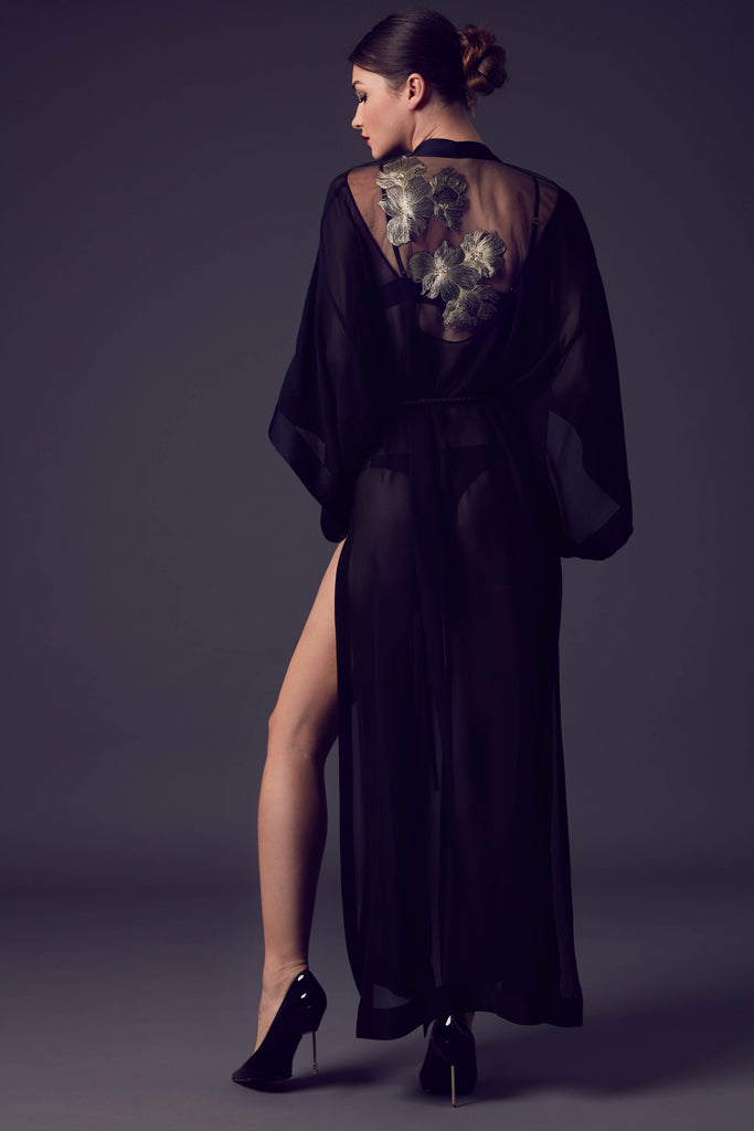 Ayako luxury black sheer kimono with gold embroidery 