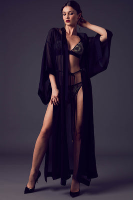 Ayako luxury black sheer kimono with rope tie belt and matching gold lingerie