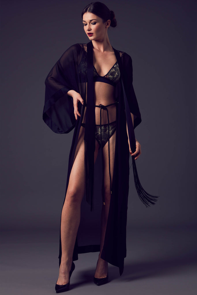 Ayako black sheer kimono with luxury gold lingerie