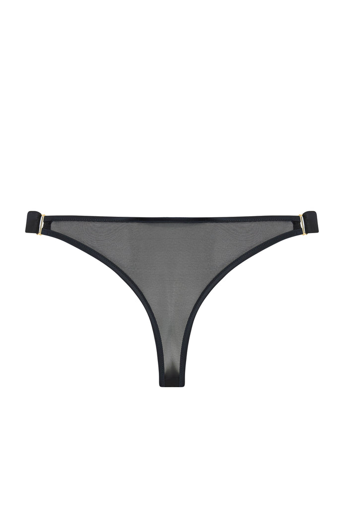 Ayako luxury black thong underwear, with sheer mesh back and gold embroidery front