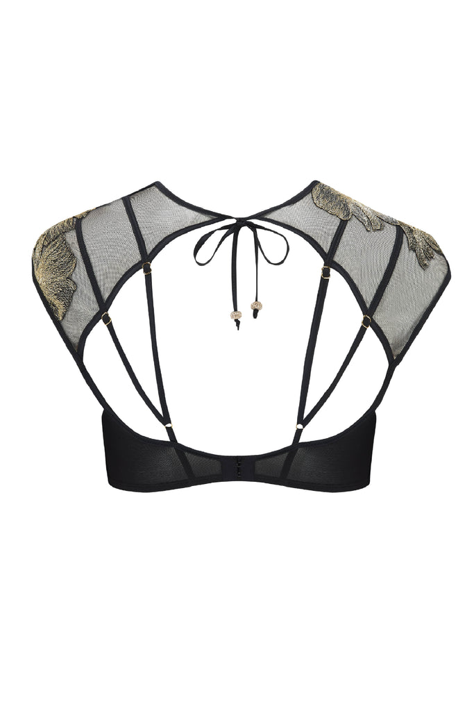 Crystal back detail on Ayako luxury black high neck bra by Tatu Couture