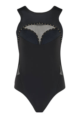 Babooshka black designer bodysuit with gold stud detail