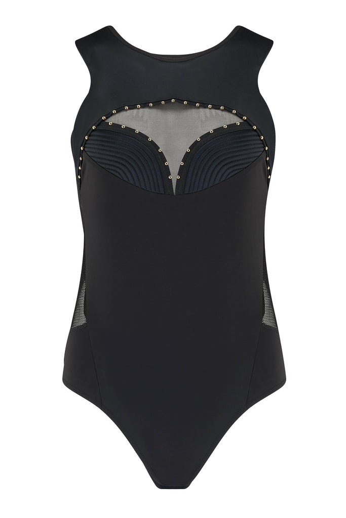 Babooshka black designer bodysuit with gold stud detail