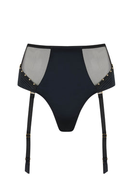 Babooshka black suspender thong with gold studding detail 