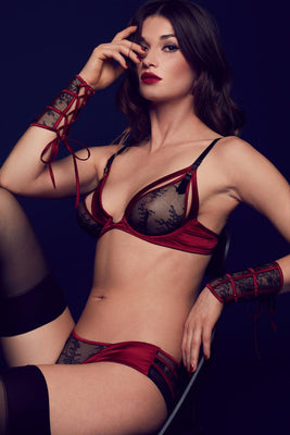 Odette luxury seductive lingerie in red and black lace with boudoir wrist cuffs