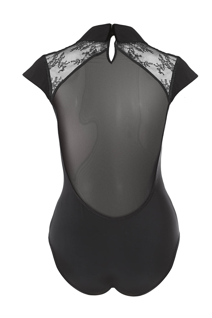Katya Black designer bodysuit with sheer mesh back by Tatu Couture