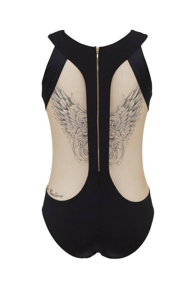 Carine Tattoo bodysuit with gold zip details | Luxury Designer Bodysuits