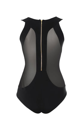 Annushka designer one piece black swimsuit by Tatu Couture featuring gold zip detail